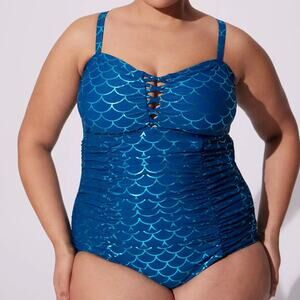 Torrid NWOT Mermaid Scales Blue Wireless Slim Fix Lattice One-Piece Swimsuit